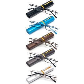 REAVEE 5 Pack Slim Portable Reading Glasses for Men Women, Computer Blue Light Blocking Small Readers Metal Frame Spring Hinge with Pocket Compact Pen Case, Black Grey Brown Blue Silver 1.0