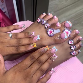 48Pcs Colorful French Tips Press on Toenails Duck Press on Nails Short False Nails with 5D Dollar Butterfly Charms Design Cow Fake Toenails Glossy Reusable Zebra Fake Nails Set for Women DIY Manicure