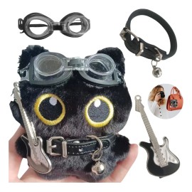 12cm Cute Black Cat Plush Dolls Y Gafas+guitarra Para Llaver