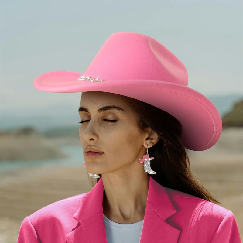 Aswitnove Cowboy Hat Rhinestone Cowgirl Boots Earrings Set Western Earring