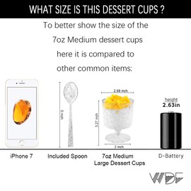 WDF 96PACK 7oz Silver Glitter Medium Large Plastic Dessert Cups With Spoons-48 Disposable Appetizer Cups |Wine Goblet Glasses & 48 Silver Glitter Tasting Spoons