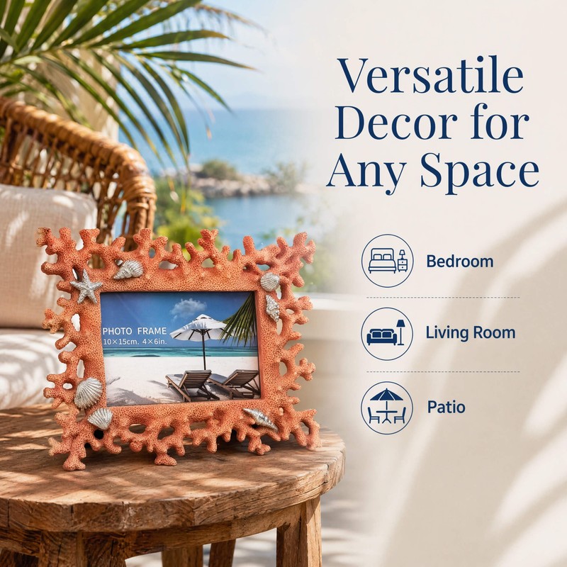 4x6 Coral Shell Picture Frame, Orange Resin Beach Decor
