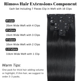 Rimoss Clip in Hair Extensions Real Human Hair - 14 Inch 7pcs, Jet Black - Premium Soft Remy Human Hair Clip in Extensions Double Weft Straight for Women (#1 14 Inch)
