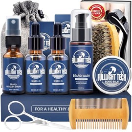 Beard Grooming Kit, Beard Kit W/Beard Oil,Wash, Balm, Comb, Vitamin Spray for Patchy Beard,Gifts for Men Him Boyfriend Husband