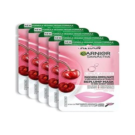 Garnier Pack of 5 Fabric Lip Mask and Moisturising Formula with Cherry and Panthenol