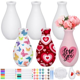 6 Set Valentine's Day Ceramics to Paint DIY Your Own Ceramic Painting Kit for Crafts Vase to Paint Unpainted Plaster Paintable Kit Valentine Art DIY Craft Supply with Brush Palette for Adult(Delicate)