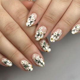 Flower Press on Nails Short Almond Fake Nails Full Cover Round Head Shaped Nude False Nails with White Daisy Flowers Design Glossy Flowers Glue on Nails Spring Summer Stick on Nails for Women