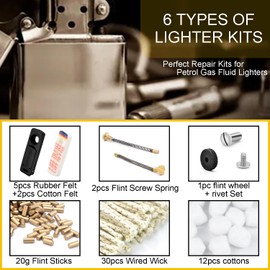 Paquete de suministros de consumo definitivo para encendedor de combustible de gasolina, kit de reparación de encendedor para piedras de pedernal, mecha de algodón, juntas de goma de resorte de