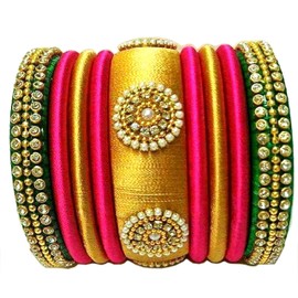 GOELX Festive Offer: Rani Pink Green and Gold Silk Thread Handcrafted Bangle Bracelet for Women - 2.6