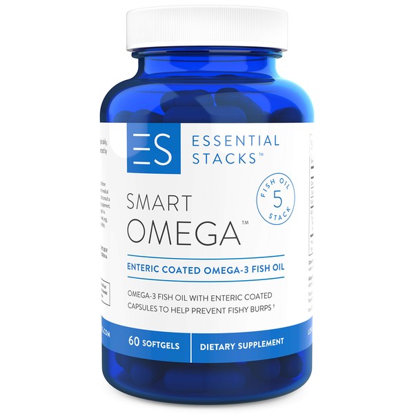 Essential Stacks Smart Omega 3 - Burpless Fish Oil - 1400mg EPA DHA Per Serving, Enteric Coated (60 Capsules)