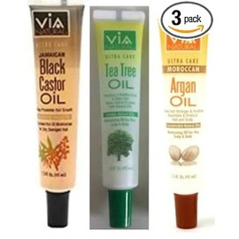 VIA NATURAL Ultra Care Aceite de ricino negro jamaicano, excelente aceite caliente Mositurizer, árbol de té y aceite de argán para cabello, cuero cabe