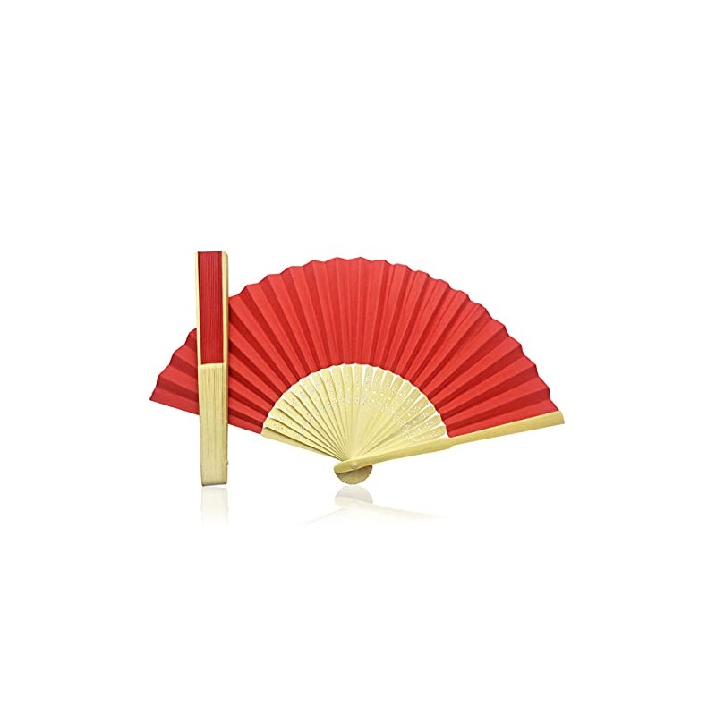 Vruti's Red Paper Foldable Hand Held Bamboo and Wooden Fan