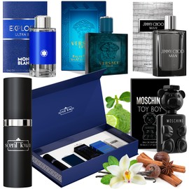 Scentown Mens Cologne Gift Sets Mini Bottle – Designer Mens Cologne Sampler Sets with Empty Refillable Atomizer – Box Includes Versace, Moschino, Mont Blanc, Jimmy Choo Travel Size (0.17 Oz Each)