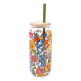 Vera Bradley Glass Tumbler with Straw and Lid, 20 oz Ice Coffee Cup, Cute Glass Cup with Bamboo Lid (Meadow Bouquet)