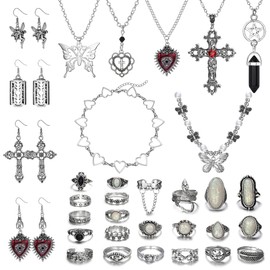 Subiceto 33Pcs Grunge Vintage Punk Necklace Jewelry Set Gothic Earrings Fairy Butterfly Boho Crystal Y2k Cross Pendent Butterfly Heart Choker Goth Stackable Knuckle Rings Adjustable