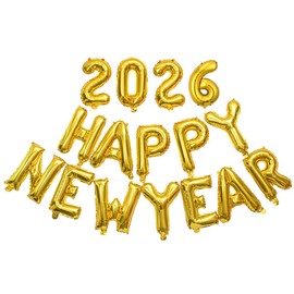 Gold 2026 Happy New Year Balloons Banner, 16 Inch Number Letter Foil Balloons for 2026 New Year's Eve Party Home Indoor Decoration Supplies