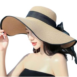 Upstore Womens Wide Brim Floppy Beach Hat UPF 50+ Foldable Straw Sun Hat with Black Ribbon for Summer Travel Outdoor Activities