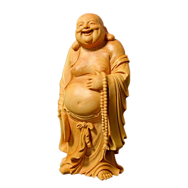 Hotei-sama Boxwood Carving Luxury Wood Carving Money Lucky Amulet Buddha Statue Wooden Sculpture Figurine (H 4.7 x W 2.4 x D 1.8 inches (12 x 6 x 4.5 cm)