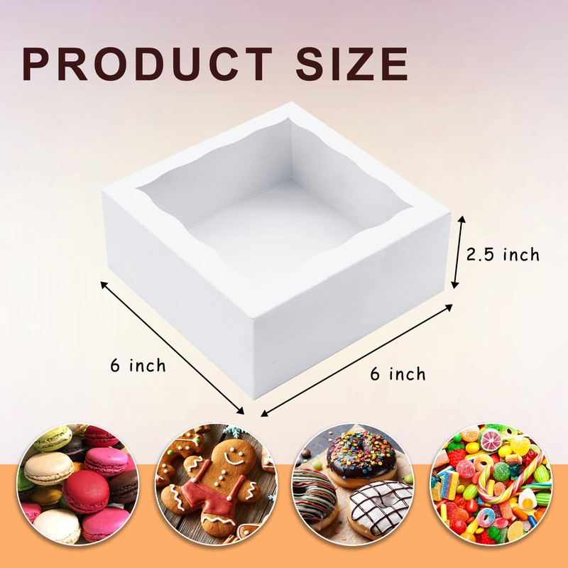 JOHOPACK 50pcs Cookie Boxes 6x6x2.5 Inch Bakery Boxes with window