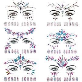 Set of 6 Glitter Stones Face, Gemstone Temporary Tattoos Face and Nails Jewel Stickers, Crystal Face Rhinestones for Music Carnival Party Makeup Birthday Party