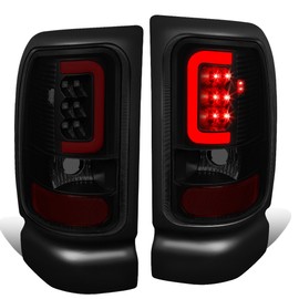 Auto Dynasty Full LED Tail Lights Lamps Compatible with 1994-2002 Dodge Ram 1500 2500 3500, C-Shape LED Stripe Bar Rear Brake Lamps, Driver and Passenger Side, Black Housing Smoked Lens