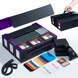 Scimi Extra Large Card Storage Box Holds 3600+ Cards Compatible with 12 Small Deck Boxes, Includes Cthulhu Dice Bag, 10 Colorful Dividers, 4 Protective Foam Pads, Perfect for MTG（Black/Purple）