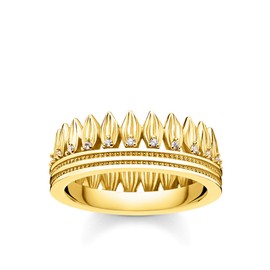 THOMAS SABO Gold Tone Crown Leaf Ring Ladies Wedding Band Ring TR2282-414-14-54 Size N, Sterling Silver, Cubic Zirconia