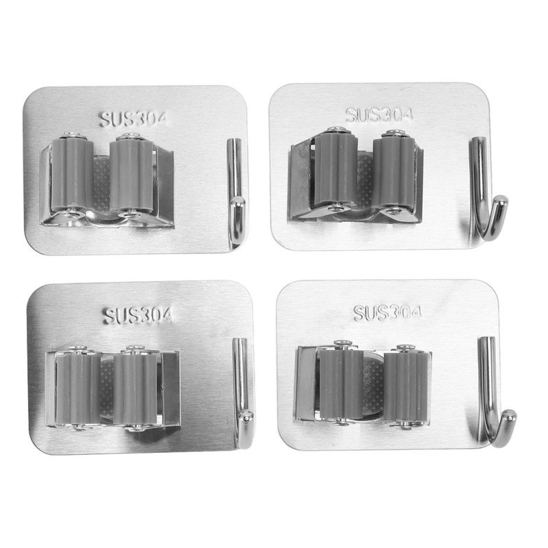 4Pcs Silver Mop Broom Holder with Hook Wall Mounted 304