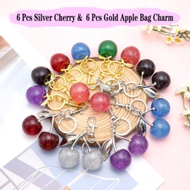 12 pcs Cherry Bag Charm Set Cute Cherry Keychain Cherries Purse Charms for Women Gold Red Black Key Chain Accessories Blue Silver Purple Purse Charms for Handbags Birthday Gifts Llavero De Cereza