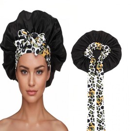 New Printed Satin Silk Sleeping Nightcap - Wide Brim, Single Ribbon, Round Hair Guard Hat High Quality Navy Print 4ea