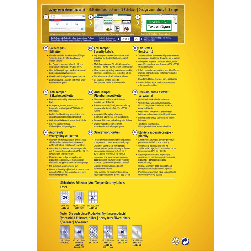 Avery Zweckform L6113-20 Anti-Tamper Security Labels 20 Sheets / 960