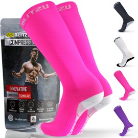 BLITZU Compression Socks for Women and Men, Best Support for Running, Travel, Pregnancy, Knee High Graduated Compression Stockings PINK L