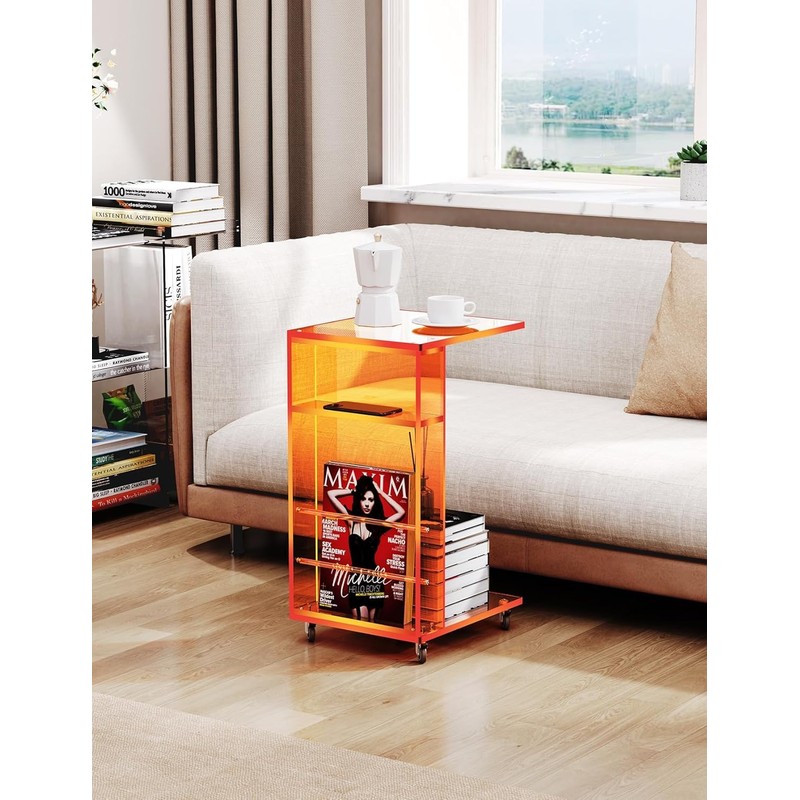 Clear Acrylic Side Table on Lockable Wheels, C Shaped End