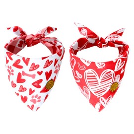CROWNED BEAUTY Valentines Day Dog Bandanas Reversible Small 2 Pack, Red Heart Set, Buffalo Plaid Adjustable Triangle Scarves for Dogs Girl Boy Pets DB14-S