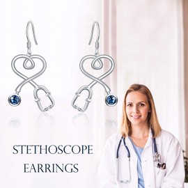 AOBOCO S925 Nurse Earrings Sterling Silver Fishhook Stethoscope Drop Earrings with Blue Crystal,Jewelry Gift for Doctor Nurse