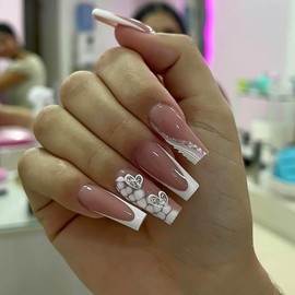 RUOKEXIN Long Coffin Press on Nails White French Tip Fake Nails Silver Glitter False Nails with Heart Designs Sparkly Artificial Nails Long Coffin Glue on Nails Cute Stick on Nails for Women 24Pcs