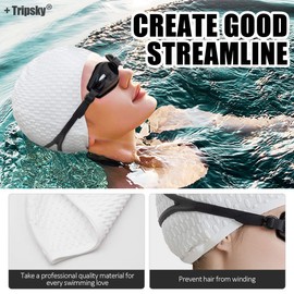 Tripsky Silicone Swim Cap,Comfortable Bathing Cap Ideal for Curly Short Medium Long Hair, Swimming Cap for Women and Men, Shower Caps Keep Hairstyle Unchanged (White)
