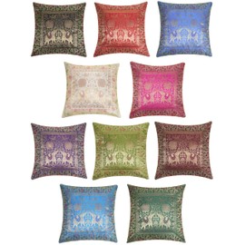 RAJRANG BRINGING RAJASTHAN TO YOU Ethnische Kissenbezüge Set von 10 böhmischen Seidenakzent -Pfau -Sofa -Kissen Kantha Home Decor 16x16 Zoll