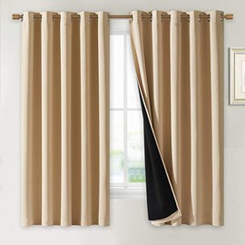 NICETOWN Bedroom Full Blackout Curtain Panels, Super Thick Insulated Window Covers, Complete Blackout Draperies with Black Liner for Short Window(Biscotti Beige, Set of 2 PCs, 70 by 63-inch)