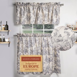 Maison d' Hermine Kitchen Curtains Sets for Windows 100% Cotton Set of Kitchen Curtains Valances for Home [2 Tiers (28"X36") and 1 Valance (56"X18")] Farmhouse, Cafe (The Miller - Paloma Gray)