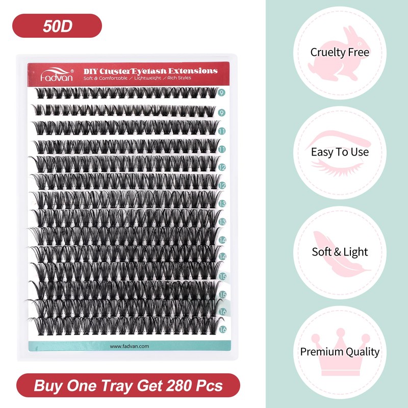 FADVAN False Eyelashes Clusters Pack of 280 50D Mix 9-16
