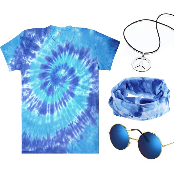 Juego de disfraz hippie de 4 piezas, incluye playera colorida de teñido anudado, collar de señal de paz, diadema y lentes de sol para fiestas temáticas (L, azul)