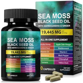 Sea Moss Black Seed Oil Ashwagandha Ginger, Sea Moss Capsule Supplement with Turmeric Burdock Root Bladderwrack Vitamin C Vitamin D3 Enhanced Immunity