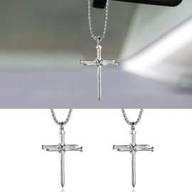 2PCS Nail Cross Pendant, Metal Cross Car Hanging Ornament, Car Rear View Mirror Charm Hanging Chain, Religious Cross Necklace Decoration (Silver)