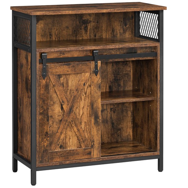 VASAGLE Buffet Cabinet, Sideboard with Open Compartment, Sliding Barn Door, 11.8" D x 27.6" W x 31.5" H, Rustic Brown and Black ULSC089B01