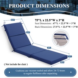 Qirroboni Outdoor Chair Cushion, High-Density Foam Patio Chair Cushion with Ties, Water Repellent, Fade Resistant, Garden, Lawn, Pool & Beach Recliner Chairs Cushions, 75x22.5x3 Inch, Royal Blue