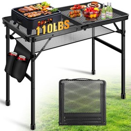 Upgraded Folding Grill Table, Metal Portable Grill Table for Camping, Small Outdoor Table For Grill,Height Adjustable Camping Grill Table with Mesh Bag,Lightweight Foldable Grill Table For Outside BBQ