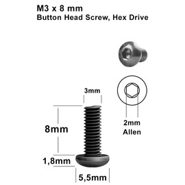 200 Pcs M3 x 8mm Black Round Head Hexagon Allen Key Screws Alloy Steel Class 10.9 Length 8mm Button Head ISO 7380 High Hardness Carbon Steel