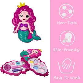 Mermaid Cosmetics Juego de cosméticos para niñas pequeñas, kit de belleza para niños con maquillaje lavable real y estuche de transporte compacto