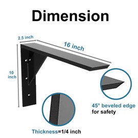 Heavy Duty Shelf Brackets 2 Pack 16" x 10" x 2.5" Black Steel 3/8" Thick Countertop Support Mantel L Bracket for Wood Granite Quartz Countertop